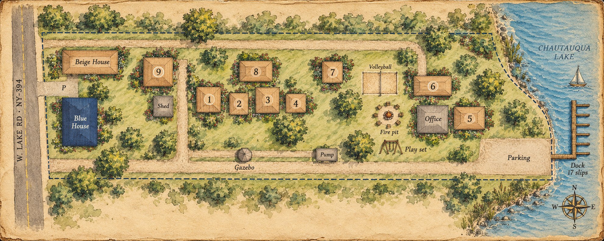 Vintage-style illustrated map of the property